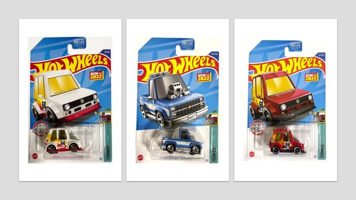 Hot Wheels Tooned 83 Chevy Silverado Blue And Tooned Volkswagen Golf Mk1 Red White 20e