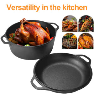 COD [Free Shipping] 2 in 1 Cast Iron Dutch Oven with Skillet Lid for Bread Baking and Camping Cooking Durable Black Finish