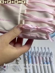 Pencil Case Large Capacity Pencil Box Pink Ballet Bow Ribbon Pen Bag Student Girl School Stationery Kotak Pensil Gift