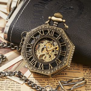 Best-Selling Hollow Pocket Watch Engraved Octagonal Mechanical Pocket Watch Vintage Roman Blue Numerals Wholesale