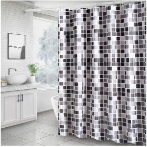 【Mall Quality】180/200/220/240CM ม่านห้องน้ำกันน้ำอิเกีย ม่านห้องน้ำม่านอาบน้ำกันน้ำม่านอาบน้ำโพลีเอสเตอร์อย่างหนาขาวดำ เทา น้ำเงินกริด ม่านอาบน้ำกันน้ำโพลีเอสเตอร์หนาม่านประตู