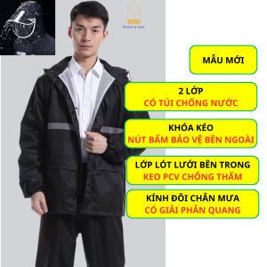 Quần Áo Mưa Bộ 2 Lớp Có Vạt Áo Chống Thấm Nước Phong Cách Hàn Quốc Có Mũ Nón Phản Quang An Toàn