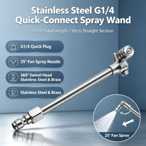 Stainless Steel Pressure Washer Spray Wand 16cm G1/4 Quick Connect Extension Lance with 25° Fan Nozzle 360° Swivel Brass Head for Car Washing Garden Irrigation Cleaning
