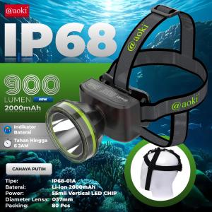 AOKI Senter kepala Selam Waterproof IP68 – 3 Mode Cahaya Baterai 2000mAh LED 900LM Headlamp