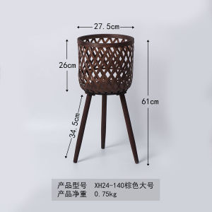 LZD  Nordic Style Rattan Woven Flowerpot Indoor Balcony Living Room Plant Green Radish Hand-Woven Wooden High Leg Floor Flower Stand