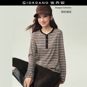Giordano Women Striped contrast henley neck long sleeve tee Free Shipping 18326637
