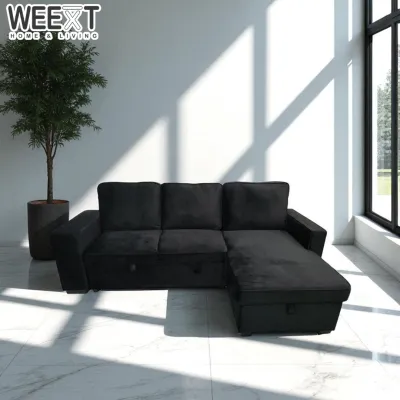 L-Shape Sofa with Pull-Out Bed Storage and Side Shelf Velvet Black