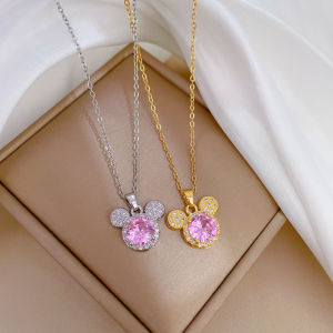 Kalung Titanium Liontin Kapala Mickey Lucu Permata Pink Anti Karat Dan Luntur
