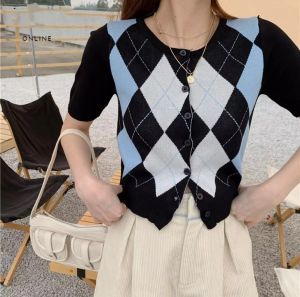 Argyle Diamond Plaid Knit Croptop for Women Korean Blouse Preppy Style Cardigan Pleated Hem Casual Loose Crop Tops