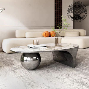 Bàn trà sofa bàn phòng khách bàn cafe nội thất nhập khẩu bàn Parabol mặt đá Elip ceramic chân Inox cao cấp bi tròn