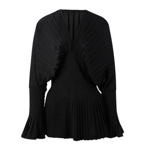 G7 European and American Design Sense Elegant Slimming Top Autumn New Style V Collared Waist Cinching Heavy Pleated Bell Sleeve High Waist Shirt 7/7