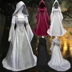 2022 Simple womens clothing cos Wearing a medieval vintage-style wedding dress 4 Colorful hooded waist-cinching dress cospla