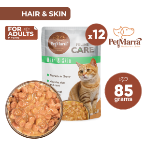 PetMarra Feline Care Morsels Adult Cat Wet Food Pouch Hair and Skin 85g BUNDLE OF 12 pet foods all breeds cats