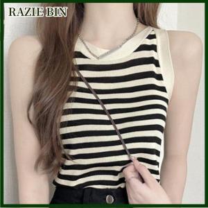 RAZIE BIN Summer Korean Stripe Knitted Tank Top Women Round Neck Sleeveless Camisole