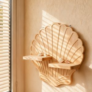 OKDEALS01 Multi-Functional Shells Shaped Storage Rack Wooden Retro Floating  Storage Rack Display Shelf Decoration Bohemian Wall Shelves Home Decor