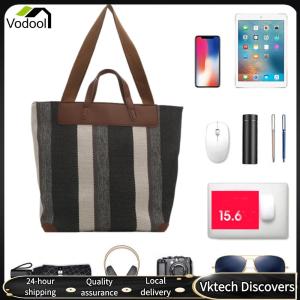【Vodool】 Striped Shoulder Bucket Bags For Women Large Capacity Trendy Canvas Tote Bag Zipper Closure Hobo Bags Casual Shopping Shoulder Bag for Work Travel