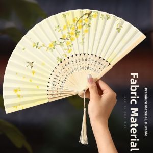 MODERNLUX Bamboo Chinese Japanese Folding Fan Tassel Elegent Female Fan Vintage Style Folding Fan Portable Floral Print Shank Classical Dance Fan Home Decoration
