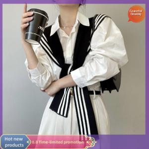 Graceful Korean Style Fashion Knitted Shawl Shirt Shoulder Striped Collar Retro Style Scarf Female Accessories