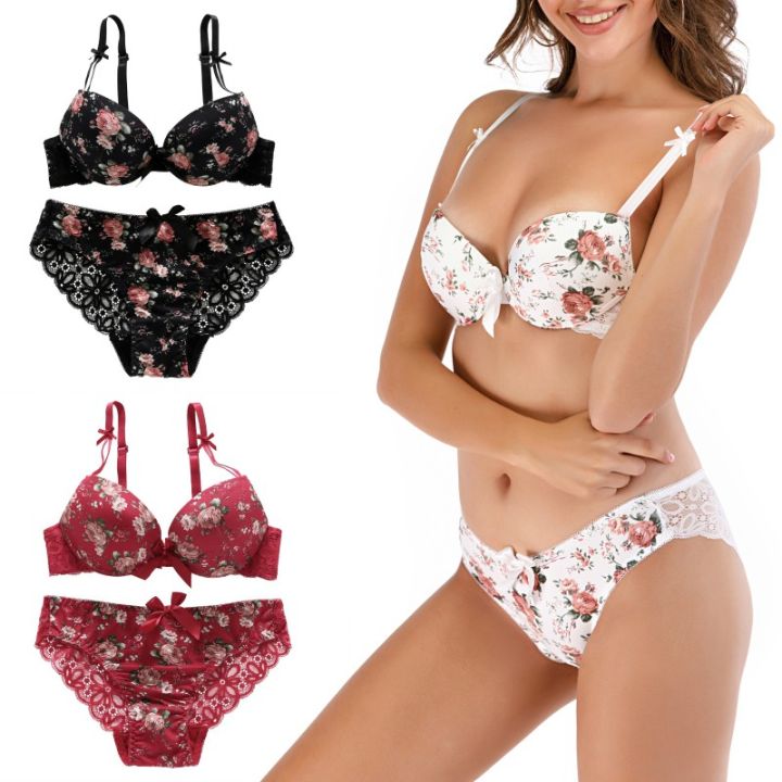Women Embroidery Lingerie Underwire Push-Up Thin Padded Bra Set Brassiere +  Panty Floral Bras Bra Set