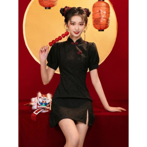 SUGAR Improved Cheongsam New Summer Young Girls Dress Temperament High End Black Short Stature