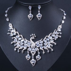 SEQUITO Brand Unique Bridal Lucky Phoenix Jewelry Handinlaid Waterdrop Blue Green White Zircon Stone Chinese Style Necklace and Earrings Set for Women Wedding SJ260