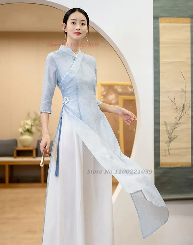 Vietnam Ao Dai for Sale, Pink White Chiffon Dress, Black Satin