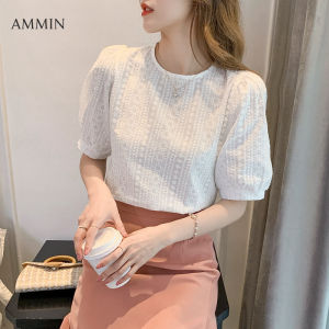 AMMIN Tops 2023 new retro French round neck small fresh puff sleeve elegant temperament blouse womens summer personality design short-sleeved embroidered flower chiffon shirt
