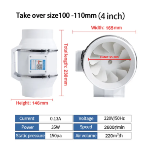 Exhaust Fan 4"/ 5"/ 6"/ 8" Inch Strong Exhaust Ventilation Fan Bathroom Kitchen Exhaust Fan 220V High Suction Power Inline Duct Booster Fan