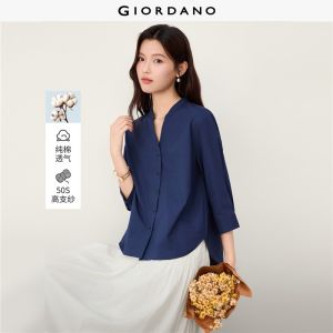 Giordano Beau Monde Women Notch neck 3/4 sleeve loose cotton blouse Free Shipping 13346615