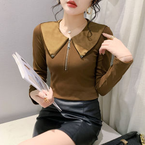 Yimei Áo kiểu hàn quốc Lớn 2024 Mới Nhất Quảng Châu dài tay Cotton Phụ Nữ Của T-Shirt Thời Trang Cá Nhân màu trơn Áo sơ mi mặc trong