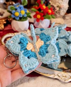 Butterfly 3D blue Key chain/Key Holders for woman/girls bags Crochet handmade with crystals for gift/anniversary/birthday/wedding