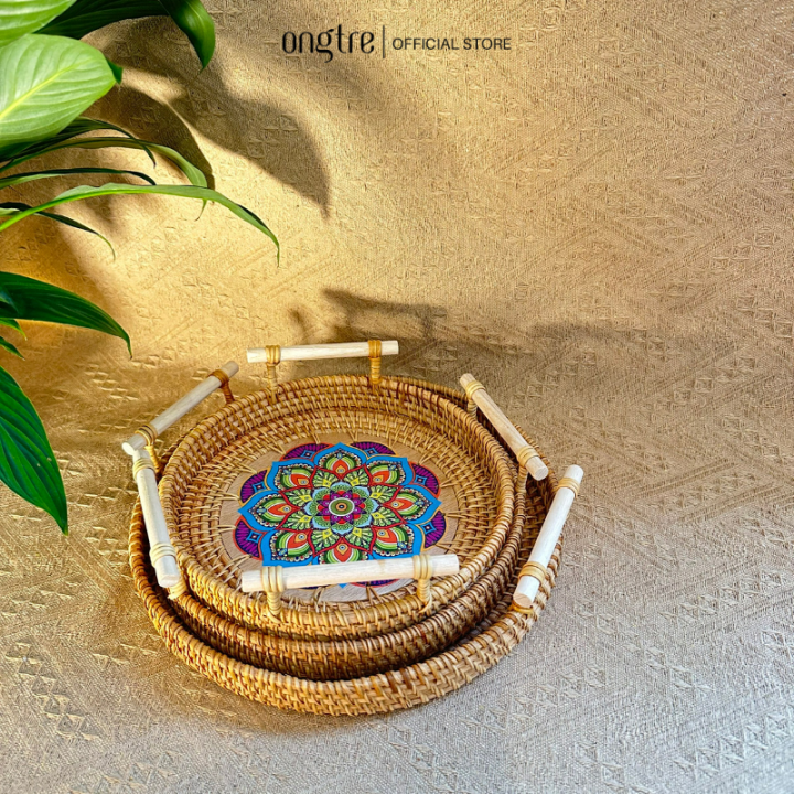 Khay Mây Đáy Gỗ Có Tay Cầm ONGTRE Đựng Bánh Mì Trái cây Phong Cách ...