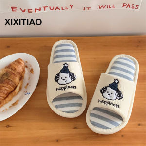 Xixitiao dễ thương con chó con duy nhất mềm nam nữ thoải mái nhà Bông lanh Dép đi trong nhà đơn giản sọc màu khối xuân hè dép