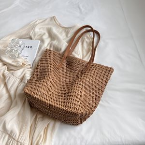 French-Inspired Large Capacity Woven Handbag - Lightweight Coffee Straw Material Zipper Closure Durable Polyester Lining Beach Bag Versatile Carryall Elegant Handle Design Secure Zipper Closure