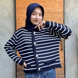 BELINDA KNIT STRIPES CARDIGAN | ATASAN RAJUT KARDIGAN KANCING WANITA MOTIF SETRIP