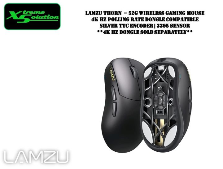 Lamzu Thorn - 52g Wireless Gaming Mouse | 4K Hz Polling Rate Dongle Compatible | Silver TTC Encoder | 3395 Sensor | **4K Hz Dongle Sold Separately**