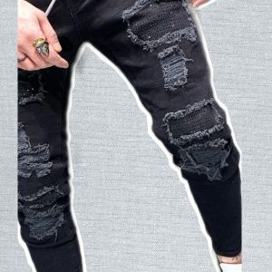 Celana Panjang Jeans Bahan Black denim Model Ripped Pathwork