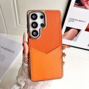 Card Slot Holder Electroplated Bumper Case For Samsung Galaxy S26 S25 Plus Ultra S24 FE Frosted Leather Texture Wallet Cover