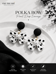 [SG] Polka Dot Bow Drop Earrings | Pearl Bow Dangle Earrings | Black & White Statement Earrings | Playful Everyday Jewellery | ear me out (EMO-144)