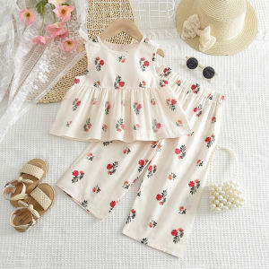 Menoea 3 To 7 Years Girl Summer New Sweet Pure Cotton Clothes Fashion Flower Print Sleeveless Top + Wide Leg Pants Casual Childrens Sets
