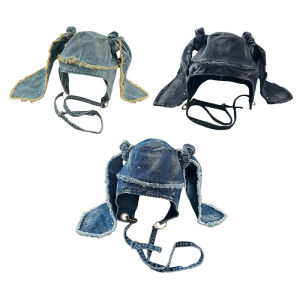 Washed Distressed Rabbits Ear Flight Hat 2000s Cool Ear Flap Hat Breathable Sun Hat Hiphop Dancing Hat for Adult Teens Girl