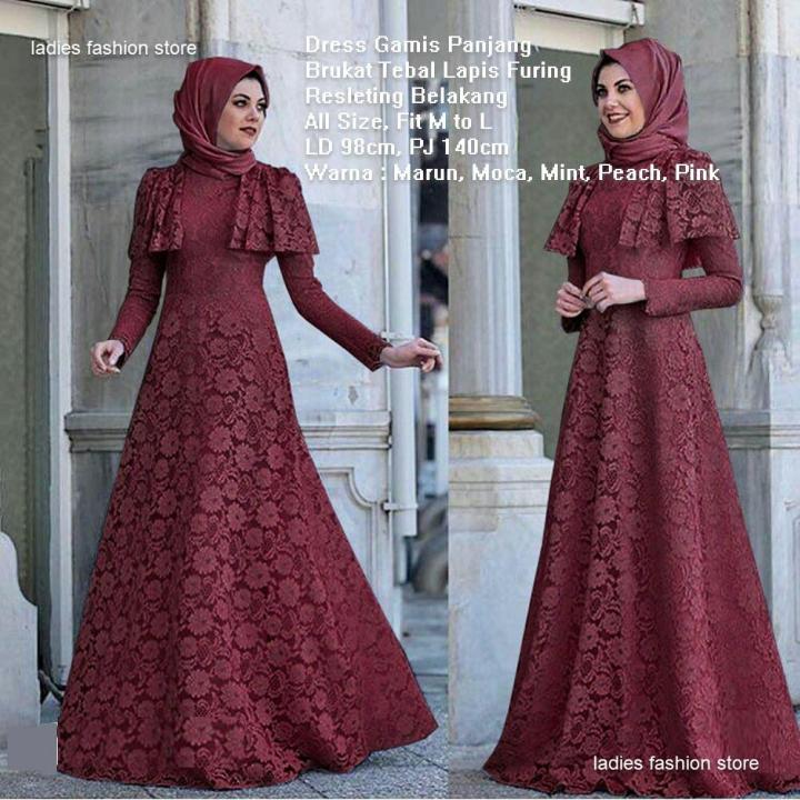 Gamis Brukat Brokat Muslim Maxi Dress Gaun Modern Muslimah Gamis Dress Model Terbaru Gaun Lengan Panjang