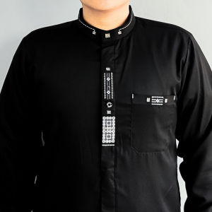 Baju koko pria dewasa lengan panjang hitam baju taqwa simple bordir minimalis