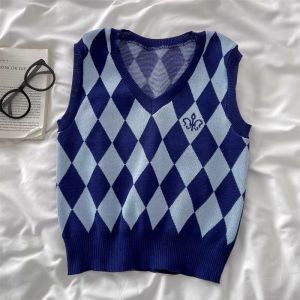 Áo gile len nữ họa tiết kẻ caro cổ tim phong cách Ulzzang len dệt kim kiểu dáng Hàn Quốc trẻ trung phong cách