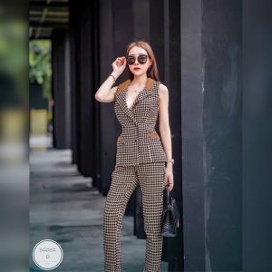 SS052 Set 2 ชิ้น งานลายชิโนริ เสื้อเบลเซอร์แขนกุด มาพร้อมกางเกงขายาว