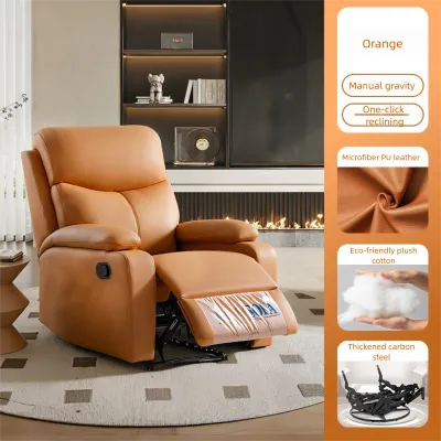 Manually Operated Sofa Light Gray White And Orange Genuine Leather Recliner With Footrest And Armrests Hheight Adjustable