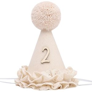 FLORI Handcrafted Pom Pom Birthday Hat Sweet Neutral Color Lace Ruffle Hat Princess Birthday Hat Childrens Party