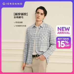 Giordano Men Brushed cotton long sleeve plaid shirt Free Shipping 01046861
