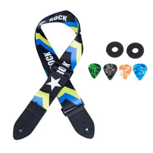 Black Guitar Strap Vintage with Pick Pocket Cotton Adjustable 2 Inch Width Bass Acoustic Strap