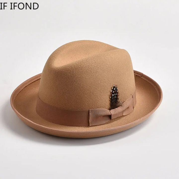 New British Style Wool Felt Fedora Hats For Men Roll Up Brim